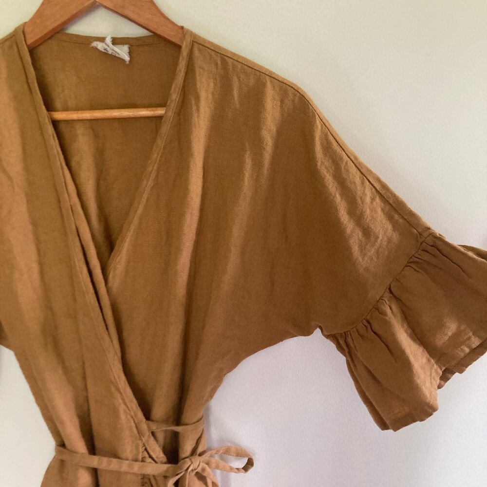 Linen Handmade Studio Custom Reina Wrap Ruffle Dress 100% Linen